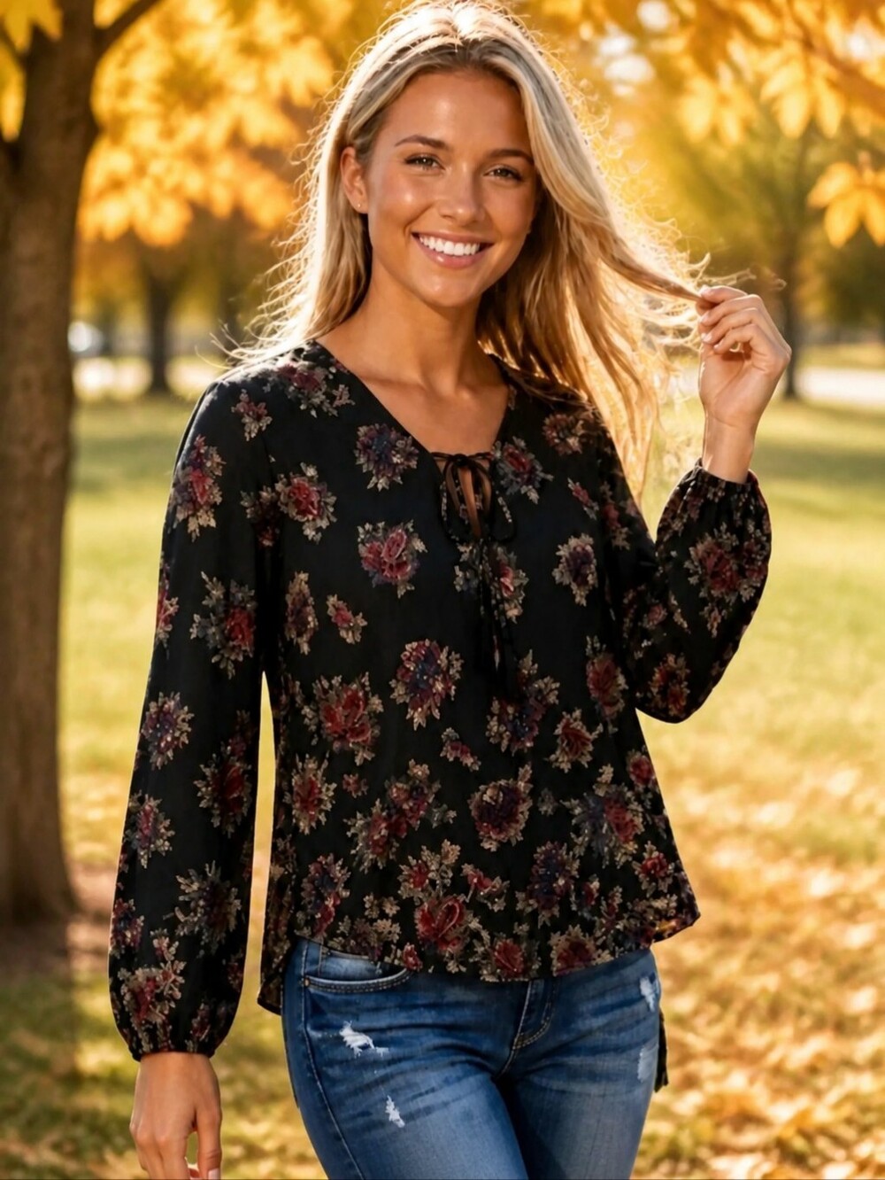Abercrombie & Fitch Sheer Black Floral Boho Tie-Neck Peasant Blouse XS